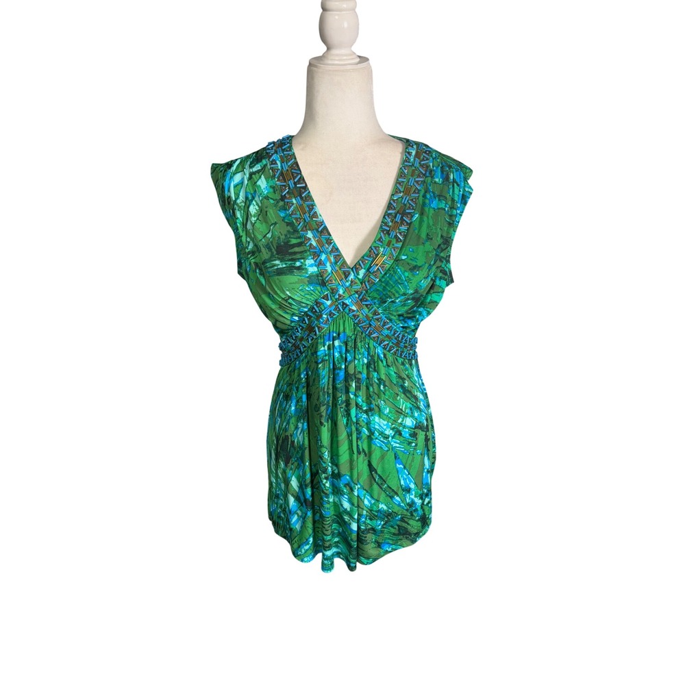 Vintage 90s Cachet Green Blue Beaded Abstract Tunic Top Medium